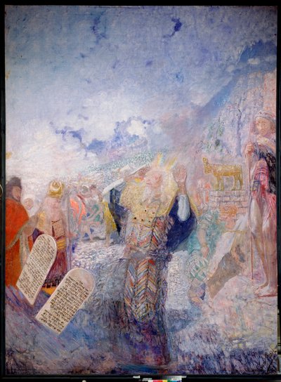 Mooses ja kymmenen käskyä. Hänen takanaan Kultainen vasikka. Maalaus Juri Iljitš Repin (Youri Repin) (1877-1954), öljy kankaalle, noin 1930. Venäjän taidetta, 1900-luku, modernia taidetta. I. Repinin muistomuseo Penates, Pietari. tekijältä Ilya Efimovich Repin