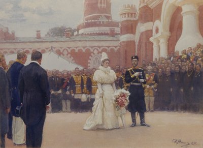 Nikolai II vastaanottaa maaseutupiirin vanhimmat 18. toukokuuta 1896 Petrovskin palatsin pihalla Moskovassa, 1897 tekijältä Ilya Efimovich Repin