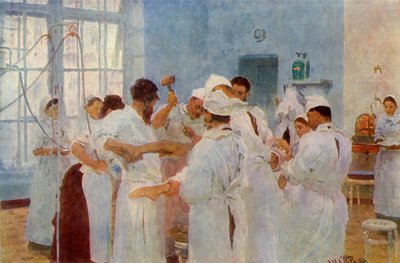 "Kirurgi Jevgeni Vasilyevich Pavlov 1845-1916 leikkausteatterissa", 1888, 1965. tekijältä Ilya Efimovich Repin