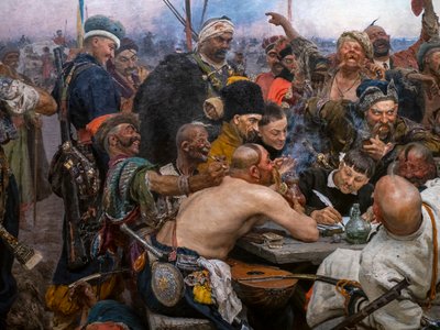 ZAPOROGIEN KASKAKAT KIRJOITTAVAT KIRJETÄ TURKIN SULTANILLE tekijältä Ilya Efimovich Repin