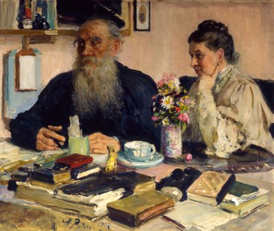 "Kirjailija Leo Tolstoi vaimonsa kanssa Jasnaja Poljanassa", 1907. tekijältä Ilya Efimovich Repin