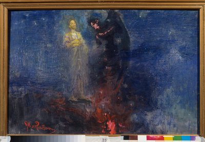 Mene pois, saatana! (Hae siis, Saatana!). (Jeesus Kristus karkottaa paholaisen yömaisemassa). Ilja Repinin (Ilia Repin) (1844-1930) maalaus, öljy kankaalle, vuoden 1850 jälkeen. Venäläistä taidetta tekijältä Ilya Efimovich Repin