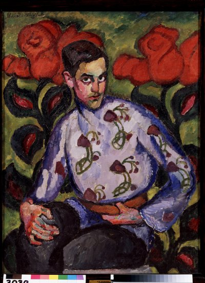 Pojan muotokuva paidassa, jossa on kukkia. Ilja Ivanovitš Mashkov (Ilia Mashkov, Matchkov) maalaus (1881-1944), öljy kankaalle tekijältä Ilya Ivanovich Mashkov