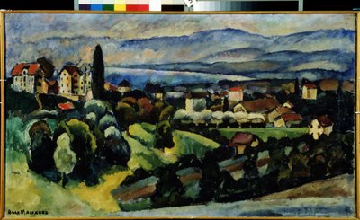 Näkymä Nervin kaupunkiin (Italia) Kuvaus maisemasta ja pikkukaupungista Italian Rivieran rannikolla lähellä Genoaa kesällä. Ilja Ivanovitš Mashkov (Ilia Mashkov, Matchkov) maalaus (1881-1944), öljy kankaalle. tekijältä Ilya Ivanovich Mashkov