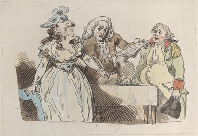 Nuori nainen perillinen valmistautuu allekirjoittamaan asiakirjan, 1780-1800., 1780-1800. tekijältä Imitator of Thomas Rowlandson.