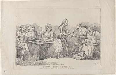 Kaupungin kosiskelu, 1786, 1786. tekijältä Imitator of Thomas Rowlandson.