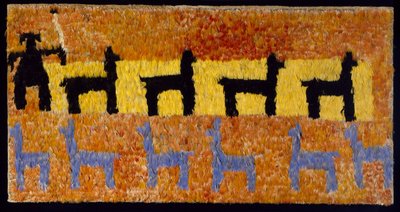 Höyhenpaneeli laamoilla ja laamapaimenella, 1450-1534 jKr (kudottu puuvilla ja höyhenet) tekijältä Incan
