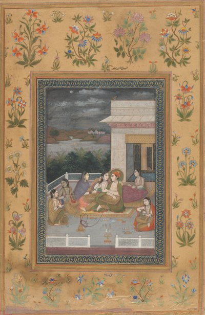 Pariskunta terassilla palvelijoiden ja muusikoiden ympäröimänä tekijältä Indian 18th Century
