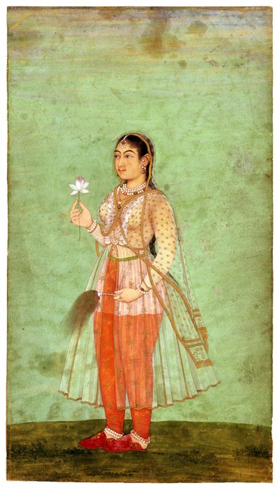 Nainen kukka- ja kärpäsvispilällä, n. 1630 tekijältä Indian Art