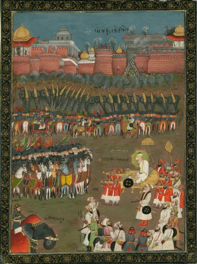 Mughal-keisari Aurangzebin Golkondan valloitus vuonna 1687, noin 1760 tekijältä Indian Art