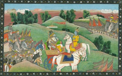 Dialogi Lord Krishnan ja Arjunan välillä, n. 1830 tekijältä Indian Art