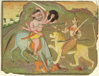 47.110/174 Durga taistelussa Mahishasuran kanssa, Devi Mahatmyan foliosta, Devanagari, Text on Rivers, Bikaner, Rajasthan, Rajput School tekijältä Indian School