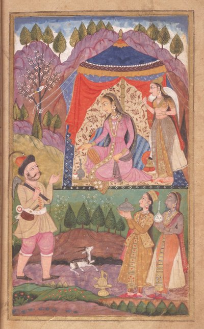 48.62 folio 138 Farhad kertoo seikkailuistaan prinsessa Shirinille, Khusraun ja Shirinin Deccani-koulusta, 1722 tekijältä Indian School