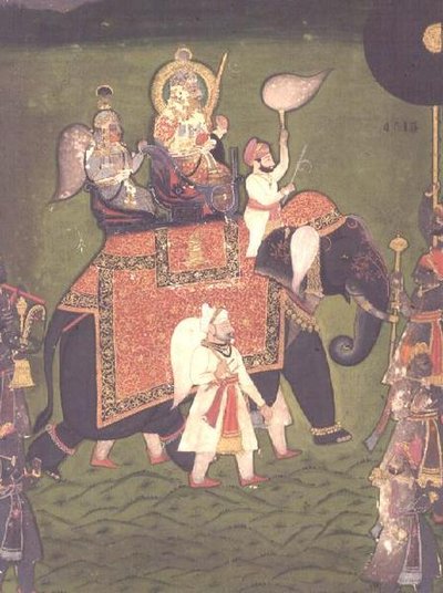 AS10-albumi 43 no.4515 Rana Jawan Singh (1828-38) Mewarista ratsastaa elefantilla, n. 1835 (läpinäkymätön akvarelli) tekijältä Indian School