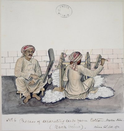 AS10 Vol.52 ff.3 4896.cat.201 i-iv Kaksi miestä puuvillan siementenpoistossa, Bombay, n. 1873 (akvarelli paperille) tekijältä Indian School