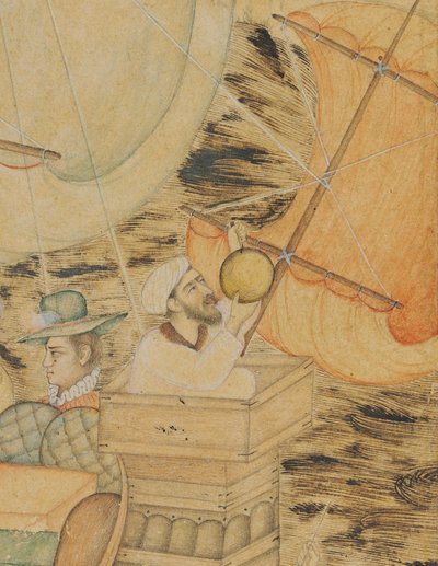 Merihirviön hyökkäämä karavelli, Mughal Intia, n. 1590 (läpinäkymättömät pigmentit, joita on korostettu kullalla ja hopealla paperilla) tekijältä Indian School