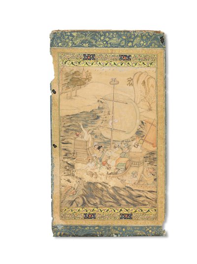 Merihirviön hyökkäämä karavelli, Mughal Intia, n. 1590 (läpinäkymättömät pigmentit, joita on korostettu kullalla ja hopealla paperilla) tekijältä Indian School