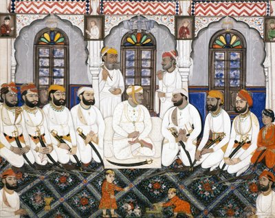 Jaipurin raja, joka on pukeutunut palvontaan durbariin, n. 1845 (läpinäkymätön wc ja kultaa paperilla) tekijältä Indian School