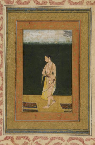 Nainen kävelee puutarhassa, Albumin folio maalauksella, n. 1730 tekijältä Indian School