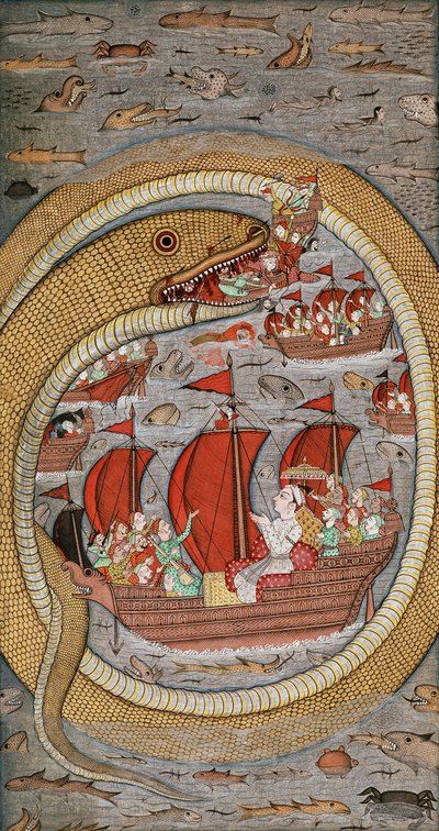 Kuninkaallista laivastoa syövä hirviömäinen käärme, n. 1670-1690 tekijältä Indian School