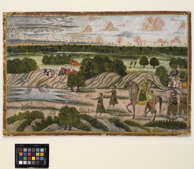 Nawab ja hänen pidättäjänsä metsästysmatkalla, n. 1780 (läpinäkymätön akvarelli ja kulta paperilla) tekijältä Indian School