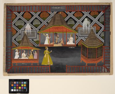 Nawab ja hänen poikansa puutarhapaviljongissa, n. 1770 (läpinäkymätön w/c, hopeaa ja kultaa paperilla) tekijältä Indian School