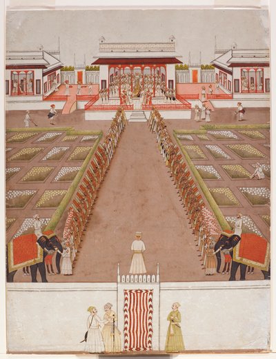 Nawab-piha paviljongissa, pidättimien ja kahden norsun takana, n. 1765 (läpinäkymätön wc ja kultaa paperilla) tekijältä Indian School