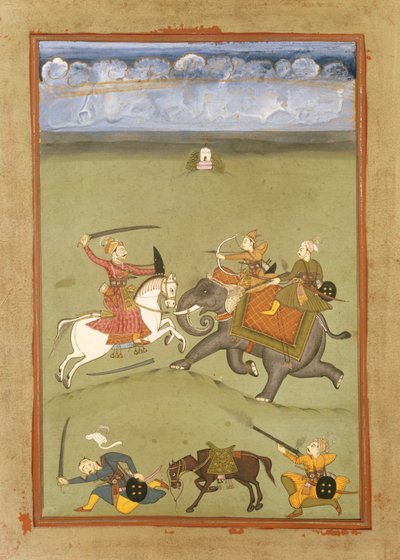 Prinssi taistelee vihollisiaan elefantilla, n. 1710 tekijältä Indian School
