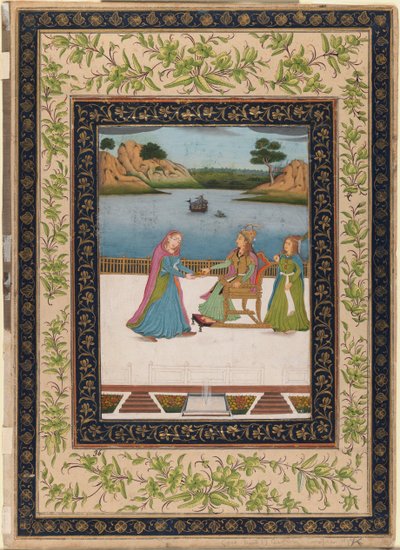 Naiselle tarjoillaan hedelmiä terassilla, n. 1770 (läpinäkymätön wc, kultaa ja hopeaa paperilla) tekijältä Indian School