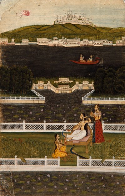 Kaunis nainen järven terassilla, n.1770 (läpinäkymätön wc & kultaa paperilla) tekijältä Indian School