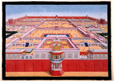 Delhin Punaisen linnoituksen linnunäkymä idästä, jossa näkyy keisari, luultavasti Shah Alam (1759-1806), astumassa oikealla olevaan Diwan-i-Khasiin, n. 1780-90 (peittävä akvarelli)). tekijältä Indian School