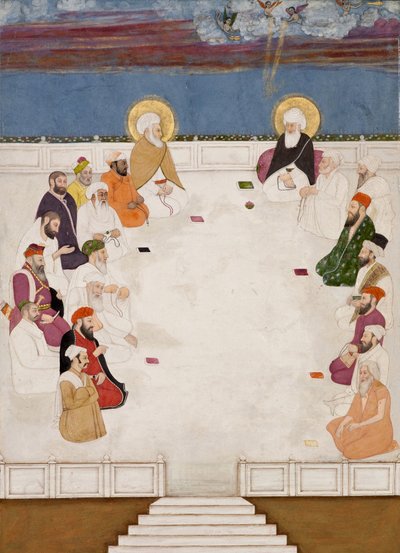 Ryhmä intialaisia pyhiä ja pyhiä miehiä, mukaan lukien Mullah Shah ja Aurangzeb, istuvat, n. 1725 (läpinäkymätön wc ja kulta paperilla) tekijältä Indian School