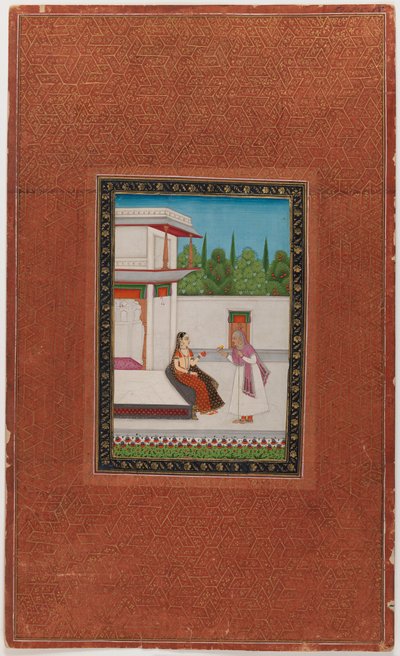 Nainen ja hänen iäkäs palvelijansa, 1875-1900 (läpinäkymätön wc ja kultaa paperilla) tekijältä Indian School
