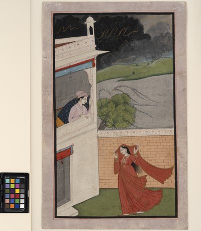 Nainen tulee rakastajansa taloon myrskyssä, n. 1830 (läpinäkymätön w/c ja kultaa paperilla) tekijältä Indian School