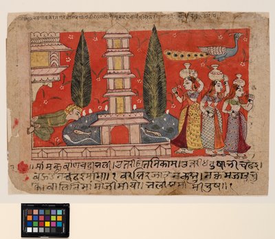 Mies kiipeilee palatsin kyljessä vakoilee gopeja lammen poikki, jossa on pagodi tekijältä Indian School