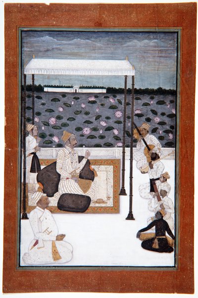 Aatelinen kuuntelee musiikkia katoksen alla terassilla järven rannalla, n. 1680 (läpinäkymätön wc & kultaa paperilla) tekijältä Indian School
