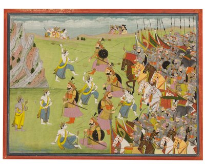 Maalaus Mahabharatasta: Balabhadra Fighting Jarasandha, Kangra ja Garhwal, n. 1810-20 tekijältä Indian School