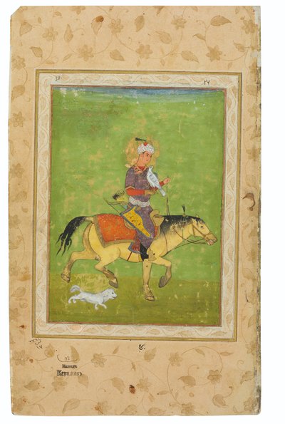 Maalaus Irajista hevosen selässä metsästämässä haukkaa, Intia, Mughal-aika, 1500-luvun loppu (läpinäkymättömät pigmentit ja kulta waslissa) tekijältä Indian School