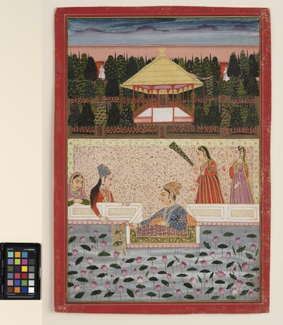 Prinssi ja prinsessa leikkivät kipinöinnillä lootusaltaan äärellä, n. 1760 (läpinäkymätön akvarelli ja kulta paperilla) tekijältä Indian School