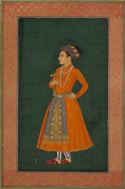 Oranssiin pukeutunut prinssi, kuvitus "The Dara Shikoh Albumista" (mustetta ja kultaa paperilla) tekijältä Indian School