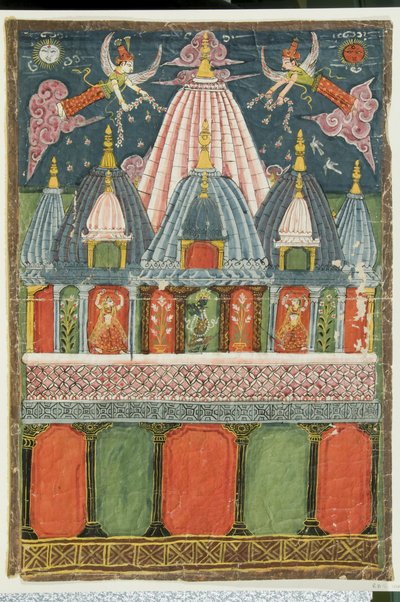 Temppeli, jossa on kuva Venu-gopala-krishnasta, jossa kaksi tanssivaa tyttöä esiintyy jumalille, 1823 tekijältä Indian School