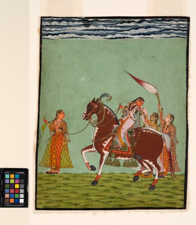 Nainen hevosen selässä kolmen avustajan kanssa, n. 1735 (läpinäkymätön akvarelli paperille) tekijältä Indian School