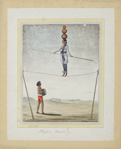Akrobaatti köydellä, rumpali alla, n.1820 (läpinäkymätön wc paperilla) tekijältä Indian School