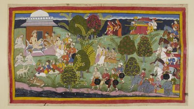 Lisää 15296 (1) f.105r, Kaksi prinssiä, brahminit ja ministerit lähestyvät Bharadvajan erakkoa jalan, kolme kuningatarta kaukana horisontista ja heidän pentueensa. Armeija norsuineen ja vaunuineen odottaa takana. l tekijältä Indian School