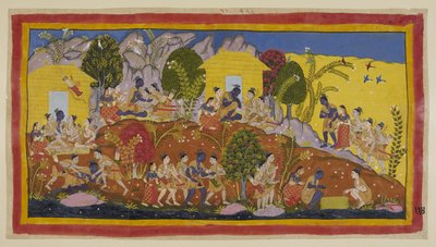 Afegiu 15296 (1) f.114r, A la part superior, al centre, Bharata i Shatrughna es llancen als peus de Rama, que abraça els seus germans petits i fa olor dels caps de Sitaeir. Rama els porta a la falda mentre pregunta pel seu benestar i el del seu pare, i el  tekijältä Indian School