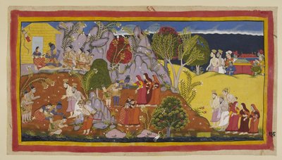 Lisää 15296 (1) f.118r, Brahminit ja pentueensa kuningattaret lähestyvät. Kausalya osoittaa joen varrella olevaa paikkaa, jossa Rama tarjosi rituaalivettä ja valittaa kuolleelle miehelleen tarjottujen pintojen säälittävää laatua. Kolme maanpaossa t tekijältä Indian School