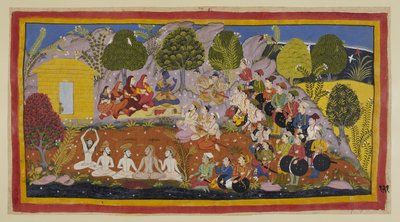 Lisää 15296 (1) f.121r, Rama istuu matolla kahta veljeä kohti, kolme kuningatarta ja Sita hänen oikealla puolellaan. Bharata kehottaa edelleen Ramaa palaamaan Ayodhyaan kruunattavaksi väittäen, että heidän isänsä oli tehnyt syntiä häntä vastaan peläten hän tekijältä Indian School