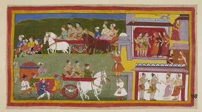 Lisää 15296 (1) f.127r, Kulkue palaa Ayodhyaan, maalauksen alaosaa pitkin, surullinen ja autio kaupunki on kissojen ja pöllöjen kummituspaikka. Bharata ja Shatrughna jättävät luopunsa kuningattareilta ja kertovat Vasisthalle, että he jäävät eläkkeelle N tekijältä Indian School