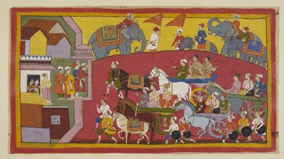 Lisää 15296 (1) f.128r, Vasisthan ja ruhtinaiden vaunut, joihin osallistuu eri ministereitä ja ihmisiä, saapuvat Nandigraman kaupunkiin. tekijältä Indian School
