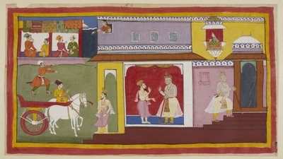 Lisää 15296 (1) f.18r, Vasistha palaa palatsiin ja kertoo Dasarathalle, että kaikki on valmista seremoniaa varten. Dasaratha vetäytyy palatsin sisäkammioon. Yllä Kaikeyin palvelija Manthara katsoo ulos yläikkunasta ja tarkkailee jännitystä tekijältä Indian School